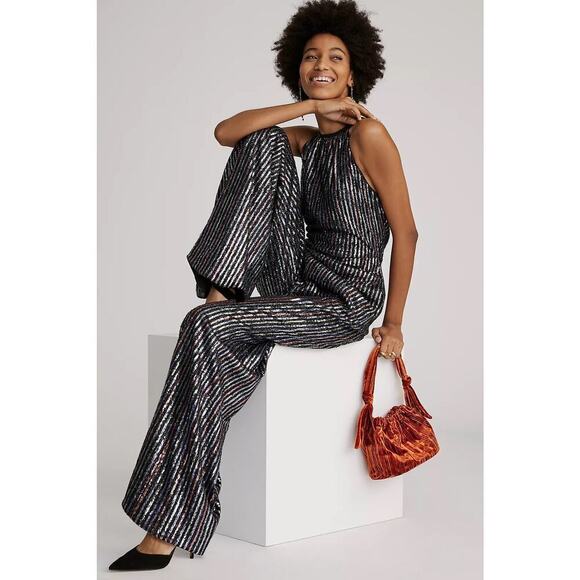 Anthropologie Maeve Disco Halter Jumpsuit Sequined Halter Neck Size 14 Glam - Picture 3 of 13